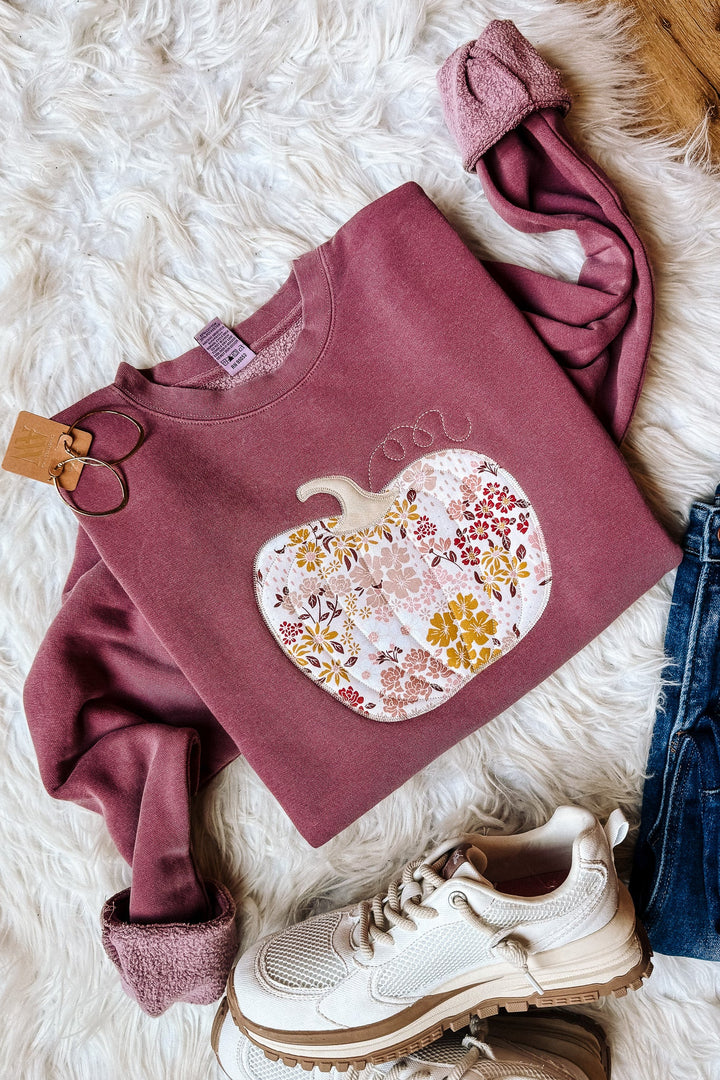 Fall Floral Appliqué Pumpkin Sweatshirt - Pigment Maroon