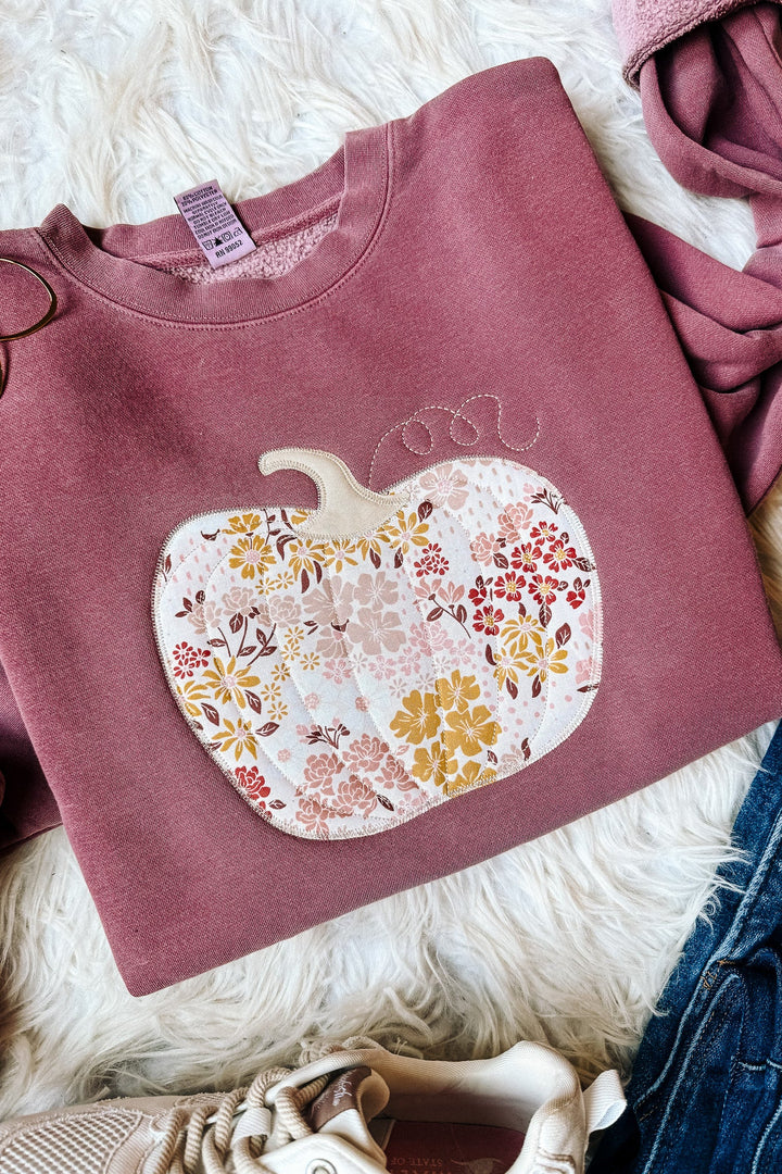 Fall Floral Appliqué Pumpkin Sweatshirt - Pigment Maroon