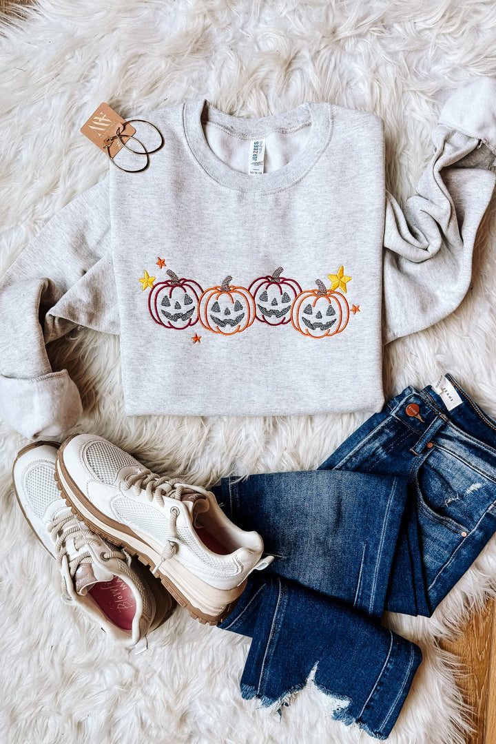 Pumpkin Party Embroidered Sweatshirt - Oatmeal Heather