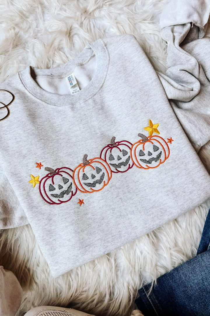 Pumpkin Party Embroidered Sweatshirt - Oatmeal Heather