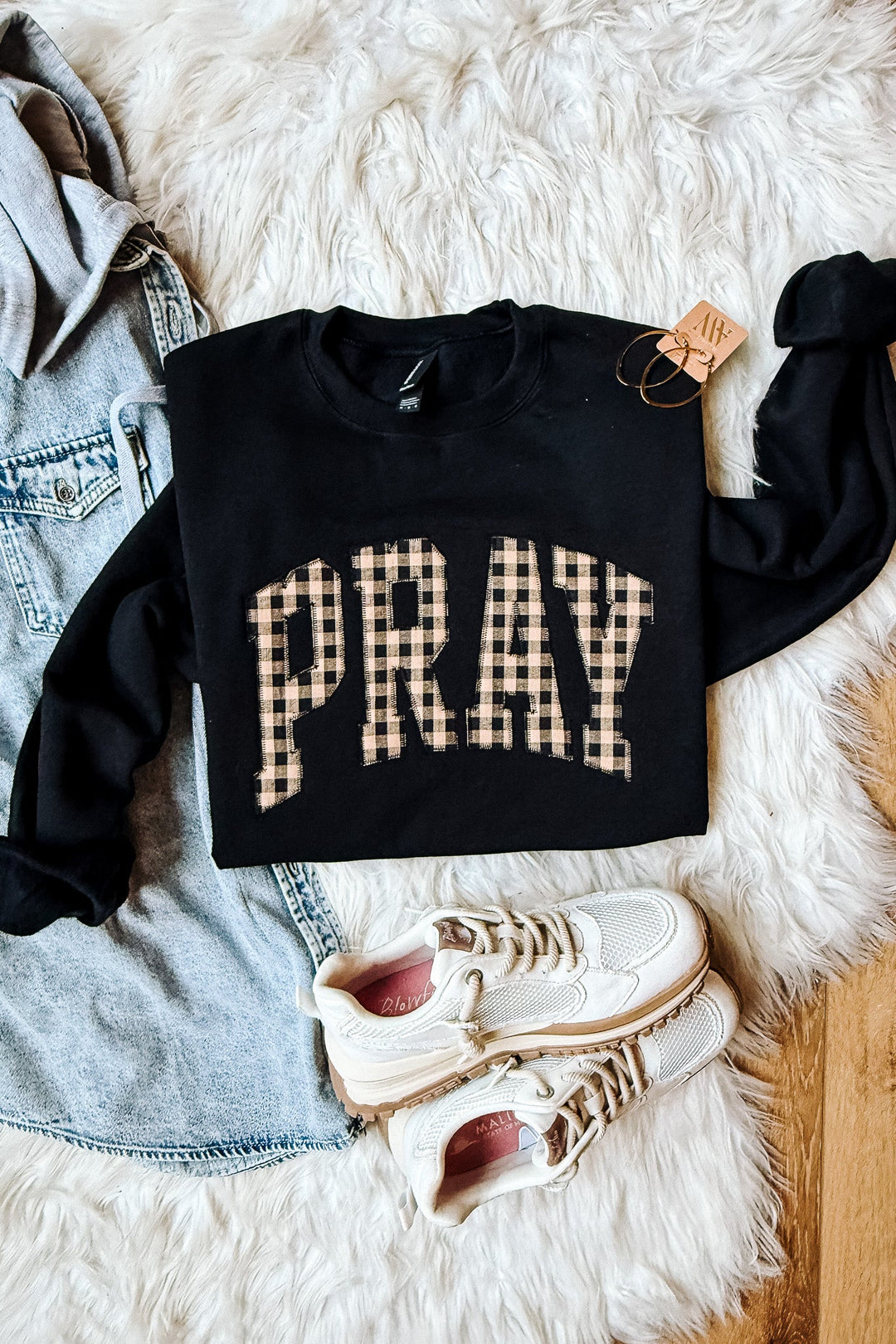 Plaid PRAY Appliqué Embroidered Sweatshirt - Black