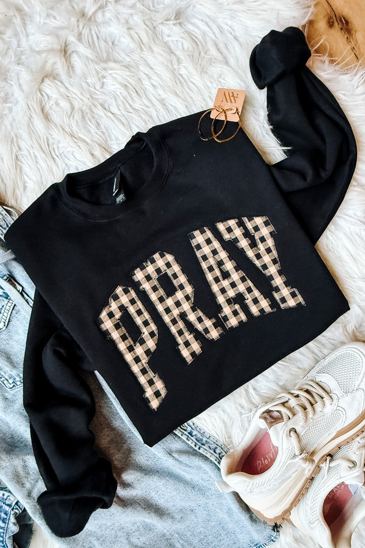 Plaid PRAY Appliqué Embroidered Sweatshirt - Black