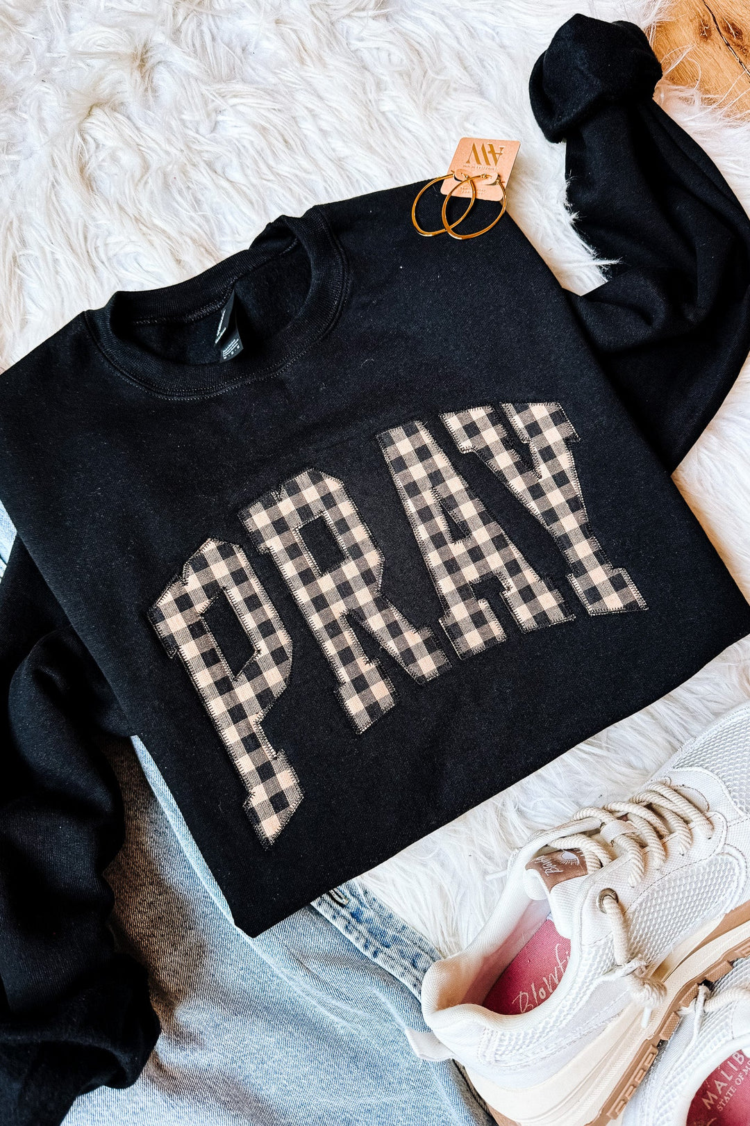 Plaid PRAY Appliqué Embroidered Sweatshirt - Black