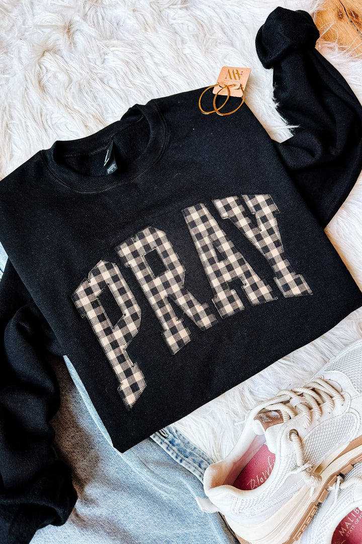 Plaid PRAY Appliqué Embroidered Sweatshirt - Black