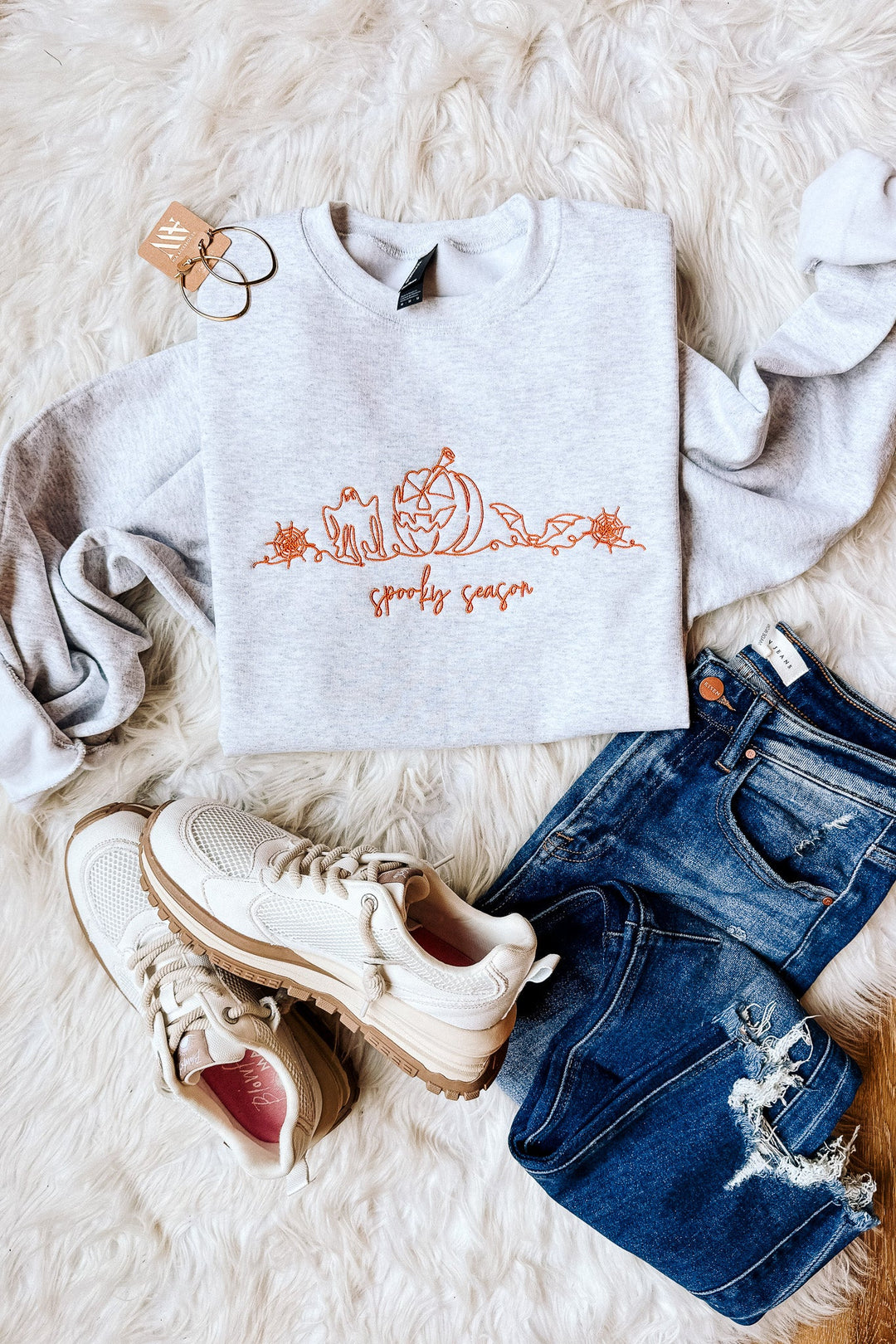 Orange Line Art Spooky Season Embroidered Sweatshirt - Ash Grey