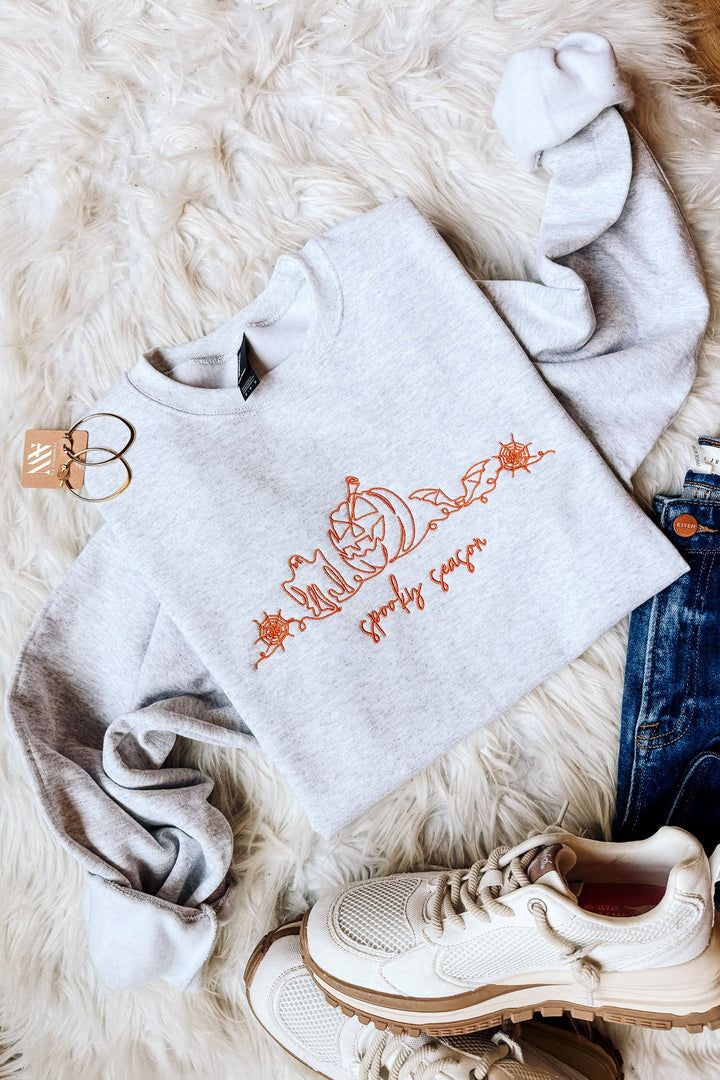 Orange Line Art Spooky Season Embroidered Sweatshirt - Ash Grey