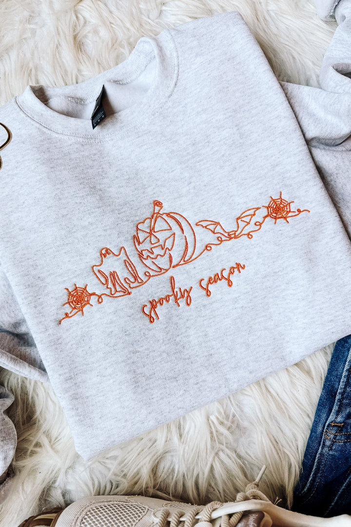 Orange Line Art Spooky Season Embroidered Sweatshirt - Ash Grey