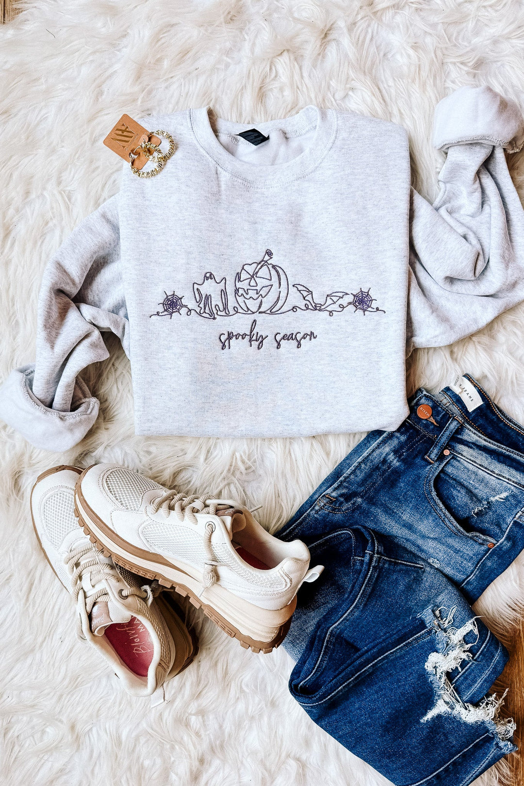 Purple Line Art Spooky Season Embroidered Sweatshirt - Ash Grey