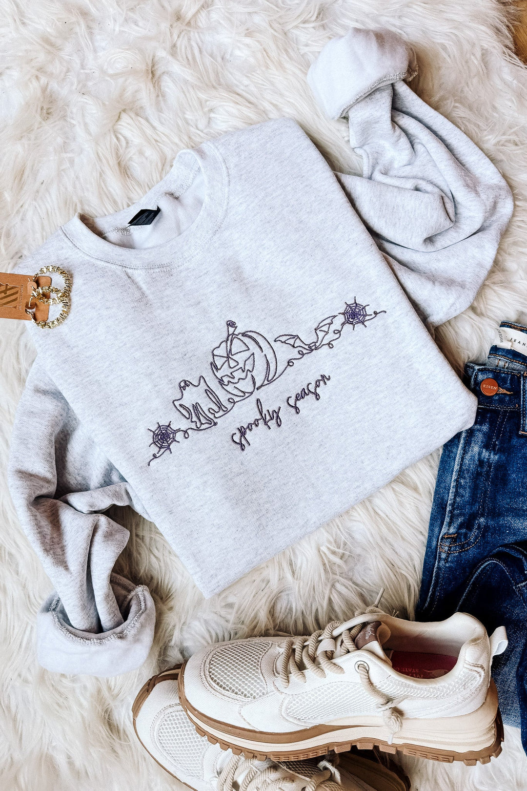 Purple Line Art Spooky Season Embroidered Sweatshirt - Ash Grey