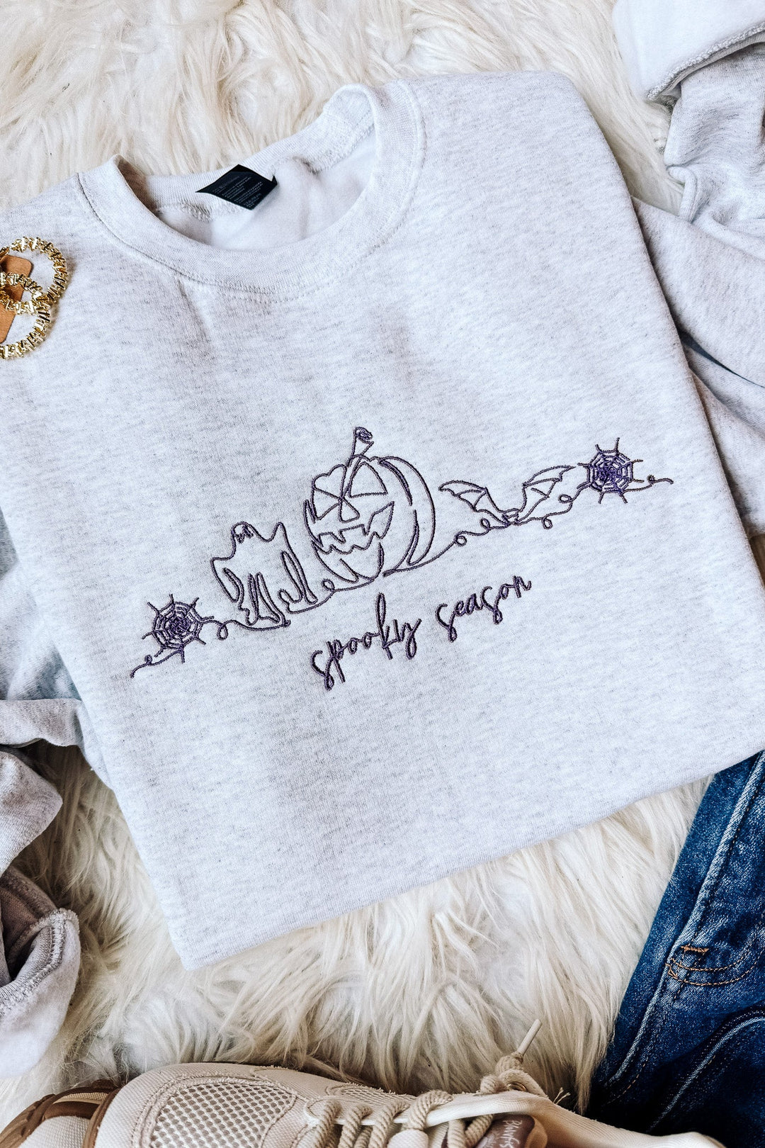 Purple Line Art Spooky Season Embroidered Sweatshirt - Ash Grey